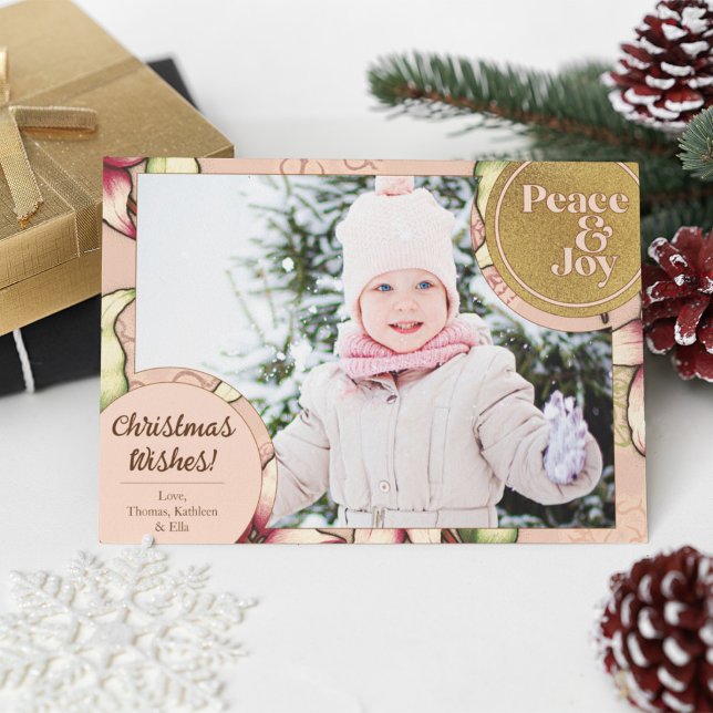 Peace & Joy, Pink, Gold Poinsettia Photo Holiday Card (Peace & Joy, Pink, Gold Poinsettia Photo Holiday Card)