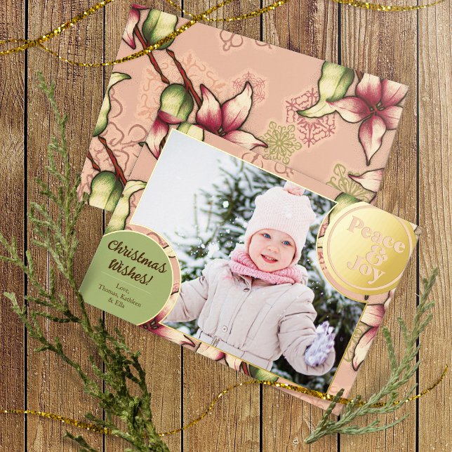 Peace & Joy, Pink, Green, Gold Poinsettia Photo (Peace & Joy, Pink, Gold, and Green Poinsettia Photo Foil Holiday Card)