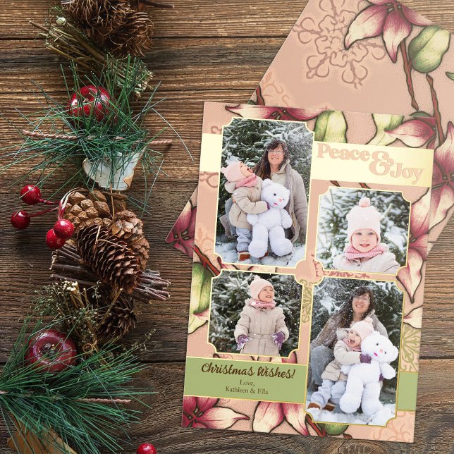 Peace & Joy, Pink, Green, Gold Poinsettia Photo (Peace & Joy, Pink, Green, Gold Poinsettia Photo Foil Holiday Card)