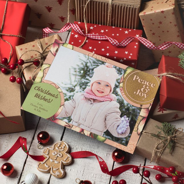 Peace & Joy, Pink, Green, Gold Poinsettia Photo Holiday Card (Peace & Joy, Pink, Green, Gold Poinsettia Photo Holiday Card)