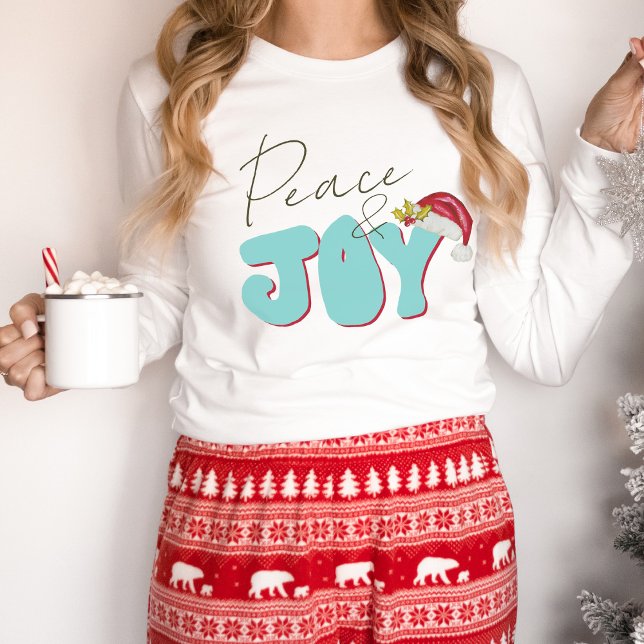 Peace Joy Retro 80's Font Santa Hat Aqua Red Cute T-Shirt (Hand lettered minimalist retro Christmas design)