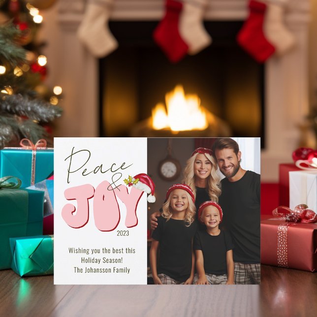 Peace Joy Retro Font 1 Photo Cute Family Christmas Holiday Card (Peace and Joy hand lettered retro block font and hand painted Santa hat by Malissa Melrose)
