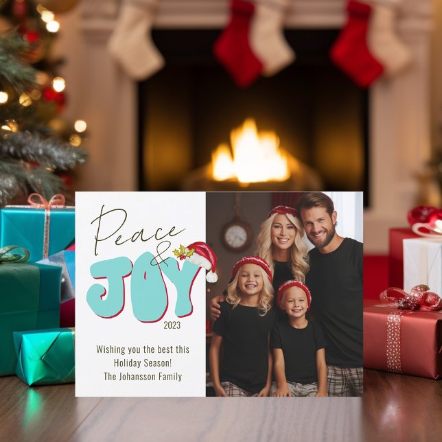 Peace Joy Retro Font 1 Photo Family Christmas Holiday Card (Peace and Joy hand lettered retro block font and hand painted Santa hat by Malissa Melrose)