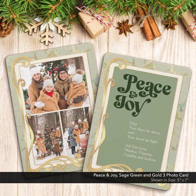 Peace & Joy Sage Green and Gold 3 Photo Card (Peace & Joy, Sage Green and Gold Holiday Three (3) Photo Greeting Card)