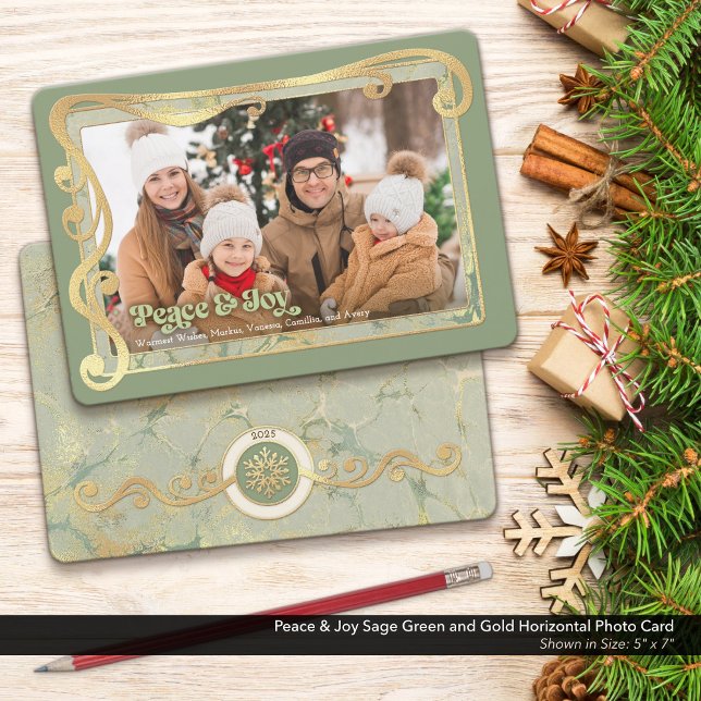 Peace & Joy Sage Green & Gold Photo Card (Peace & Joy Photo Card with a Touch of Vintage Whimsy and Peaceful Sage Green & Gold Colors.)