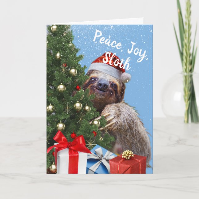 Peace Joy Sloth Christmas Sloth in Santa Hat Card (Front)