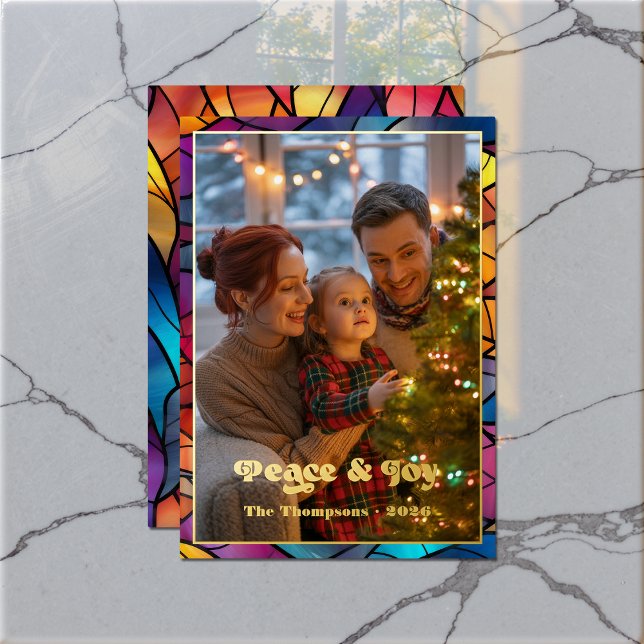 Peace & Joy Stained Glass Window Christmas Photo (Peace & Joy Stained Glass Window Christmas Photo Foil Holiday Card)