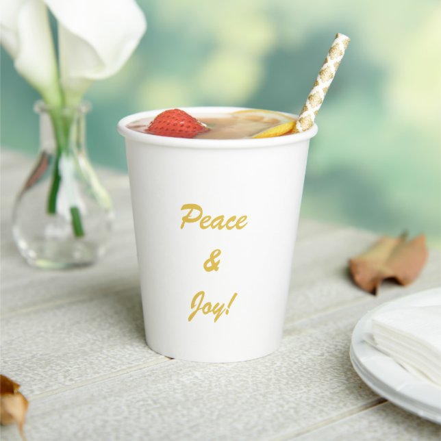 Peace & Joy topography script in gold colour  Paper Cups (Insitu)