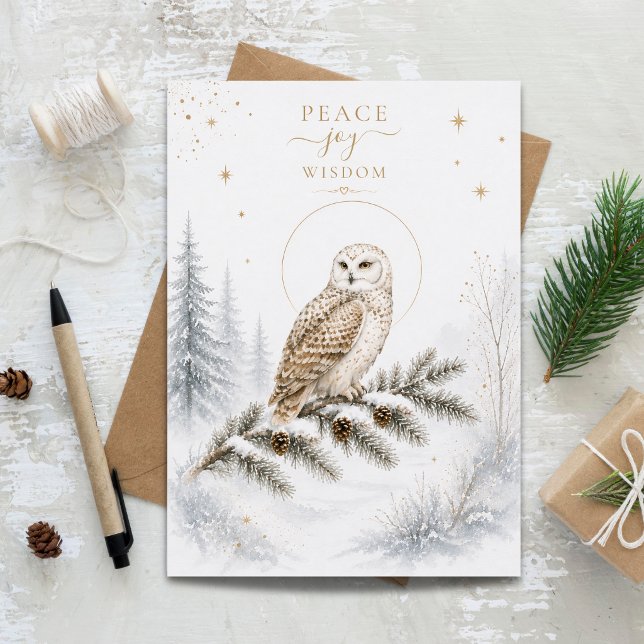 Peace Joy Wisdom Snowy Owl Holiday Card (Peace Joy Wisdom Snowy Owl Holiday Card)