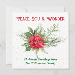 Peace Joy & Wonder Red Poinsettia Christmas Holiday Card