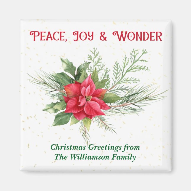Peace Joy & Wonder Red Poinsettia Christmas Magnet (Front)