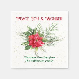 Peace Joy & Wonder Red Poinsettia Christmas Napkin