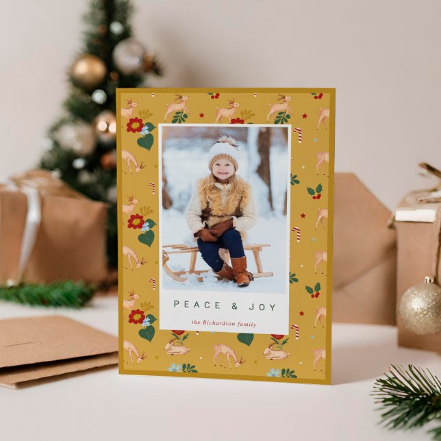 Peace & Joy Yellow Reindeer Floral Pattern Photo Holiday Card (Peace & Joy Yellow Reindeer Floral Pattern Photo Holiday Card)