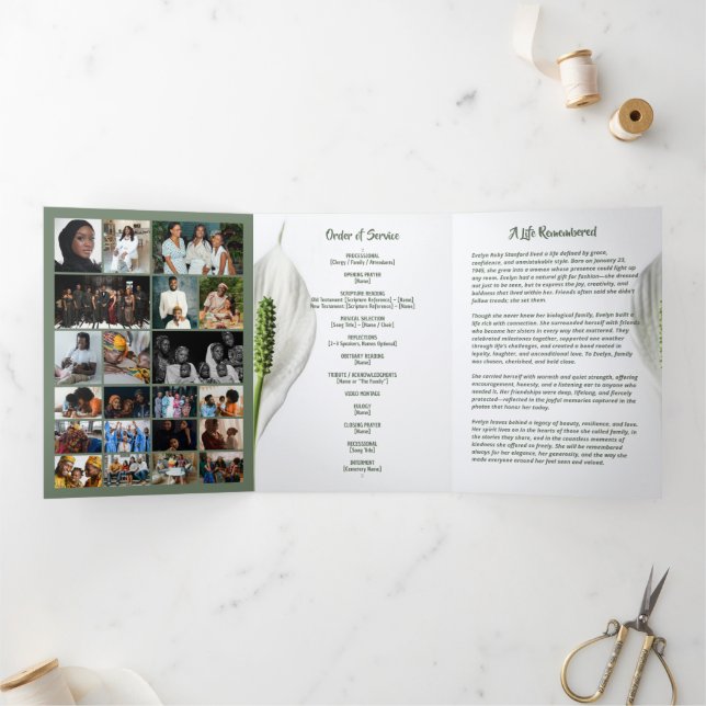 Peace Lily Photo Collage Tri‑Fold Funeral Template (Inside)