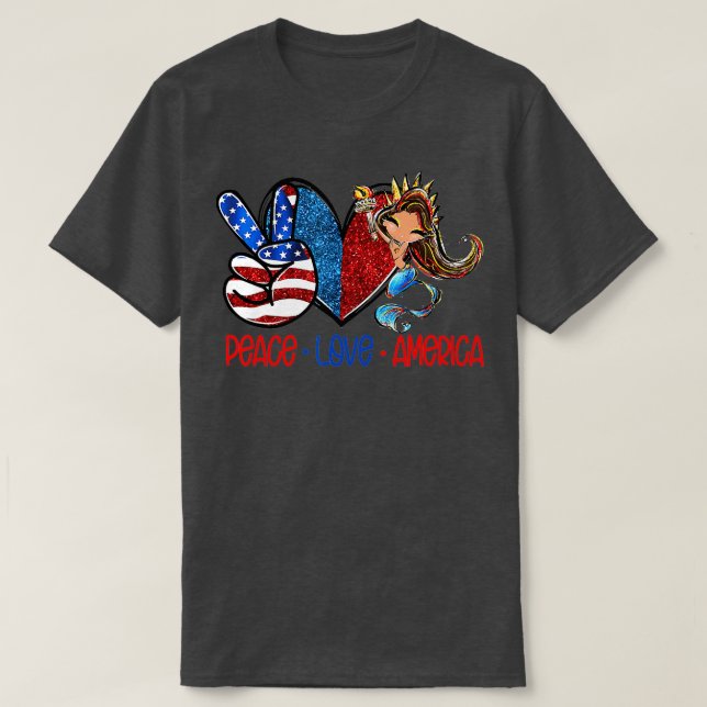 Peace Love America US Flag American Mermaid 4th of T-Shirt (Design Front)