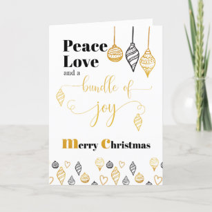 Peace Love and Bundle of Joy Black Gold Pregnancy Holiday Card