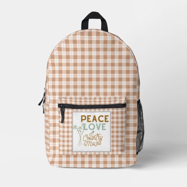 Peace Love and Country Music Gingham Printed Backpack (Front)