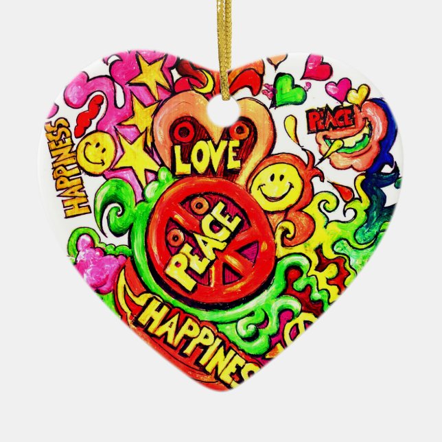 Peace, Love and Happiness Ceramic Tree Decoration (Front)