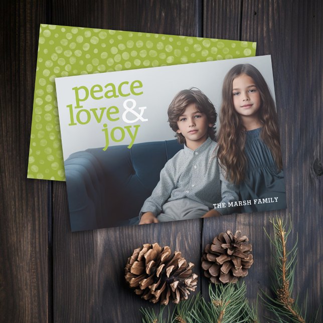 Peace Love and joy 1 Photo Modern typography Holiday Card (Rustic Modern Christmas Card with 1 Photo and Type Overlay - Print and Download Options)