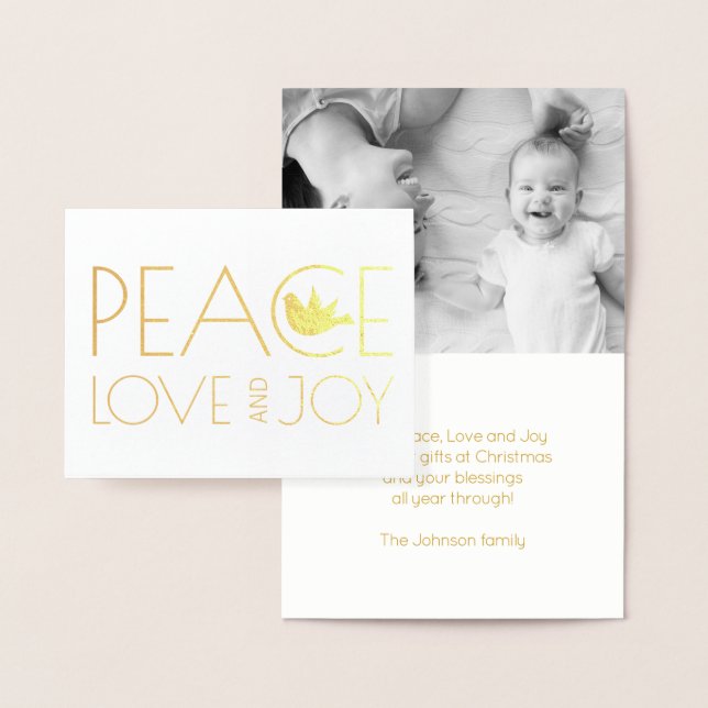Peace love and Joy dove Christmas photo gold Foil Card (Display)