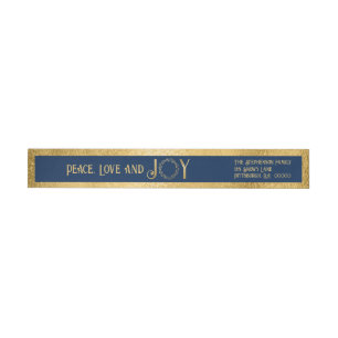 Peace Love and Joy Faux Gold Wreath -  Dark Blue Wrap Around Label