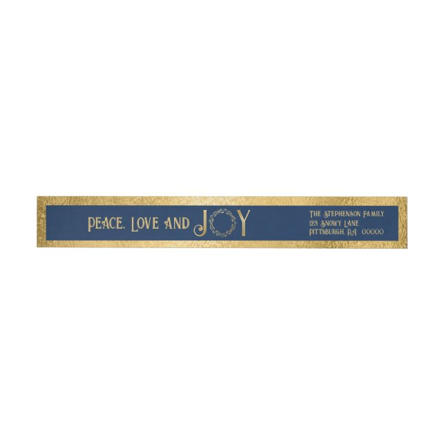 Peace Love and Joy Faux Gold Wreath -  Dark Blue Wrap Around Label (Individual)
