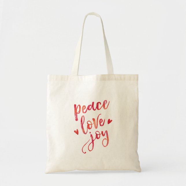 Peace Love and Joy hand lettered tote bag (Front)