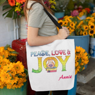 Peace, Love and Joy Personalised Book or Yarn Tote Bag