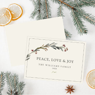 Peace Love and Joy Red Berries Greenery Holiday Card