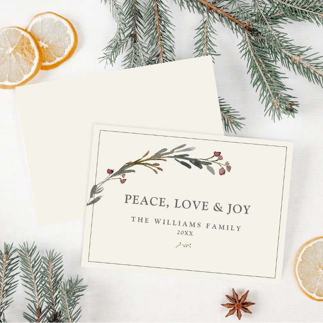 Peace Love and Joy Red Berries Greenery Holiday Card (Creator Uploaded)