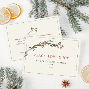 Peace Love and Joy Red Berries Greenery Holiday Card
