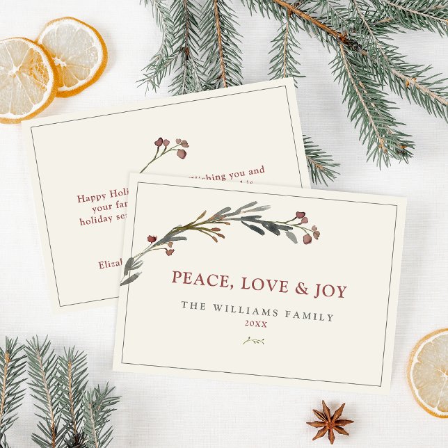 Peace Love and Joy Red Berries Greenery Holiday Card (Front and back of card)