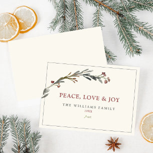 Peace Love and Joy Red Berries Greenery Holiday Card