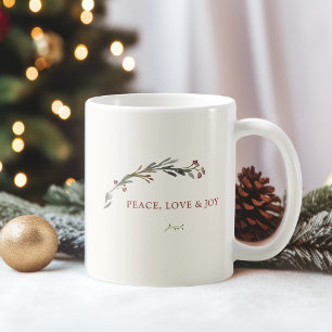 Peace Love and Joy Red Berries Greenery Holiday Coffee Mug