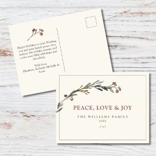 Peace Love and Joy Red Berries Greenery Holiday Postcard
