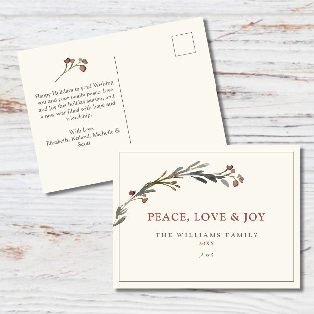 Peace Love and Joy Red Berries Greenery Holiday Postcard (Creator Uploaded)