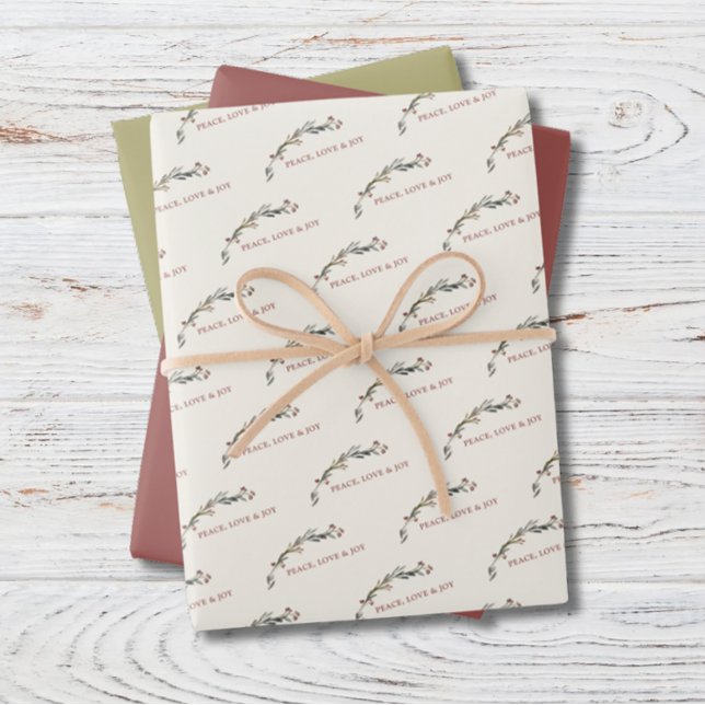 Peace Love and Joy Red Berries Greenery Holiday Wrapping Paper Sheet (Creator Uploaded)