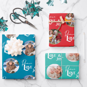 Peace Love and Joy Round Photos Set of 3 Wrapping Paper Sheet