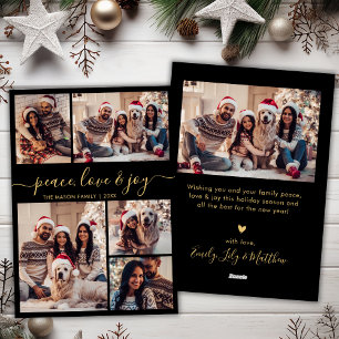 Peace Love and Joy Script Black and Gold 5 Photo Holiday Card
