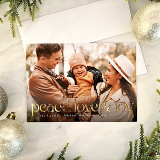 Peace, Love and Joy simple foil photo holiday card