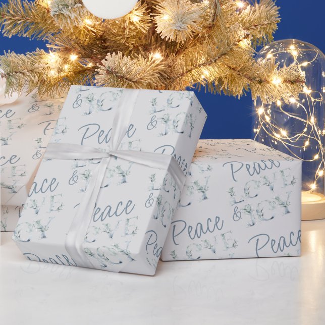 Peace Love and Joy Typographic Winter Greenery Wrapping Paper (Holidays)