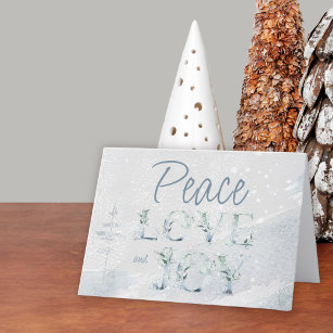 Peace Love and Joy Typography Watercolor Snow  Holiday Card
