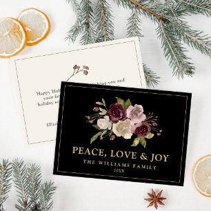 Peace Love and Joy Winter Bouquet Black Holiday Card