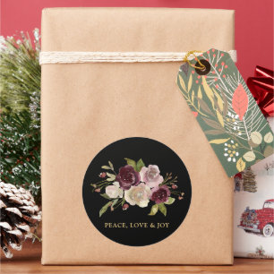 Peace Love and Joy Winter Bouquet Black Holiday Classic Round Sticker