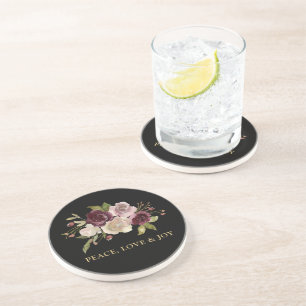 Peace Love and Joy Winter Bouquet Black Holiday Coaster