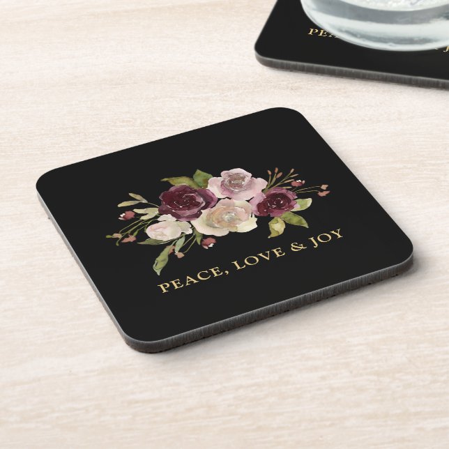 Peace Love and Joy Winter Bouquet Black Holiday Coaster (Left Side)