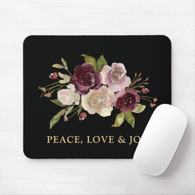 Peace Love and Joy Winter Bouquet Black Holiday Mouse Pad (With Mouse)