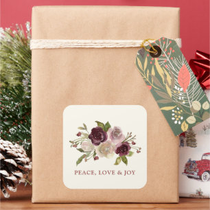 Peace Love and Joy Winter Bouquet Black Holiday Square Sticker