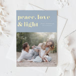 Peace Love and Light Light Blue Hanukkah Photo<br><div class="desc">Peace,  love,  and light. | Send your Hanukkah greetings to family and friends with this customisable Hanukkah card. It features retro bold typography. Personalise this photo Hanukkah card by adding your details. This gold foil Hanukkah card is available in other colours and cardstock. Matching items are also available.</div>