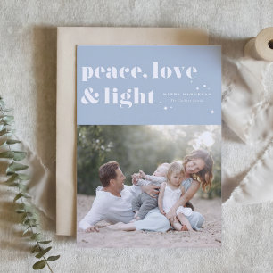 Peace Love and Light Light Blue Hanukkah Photo Holiday Card